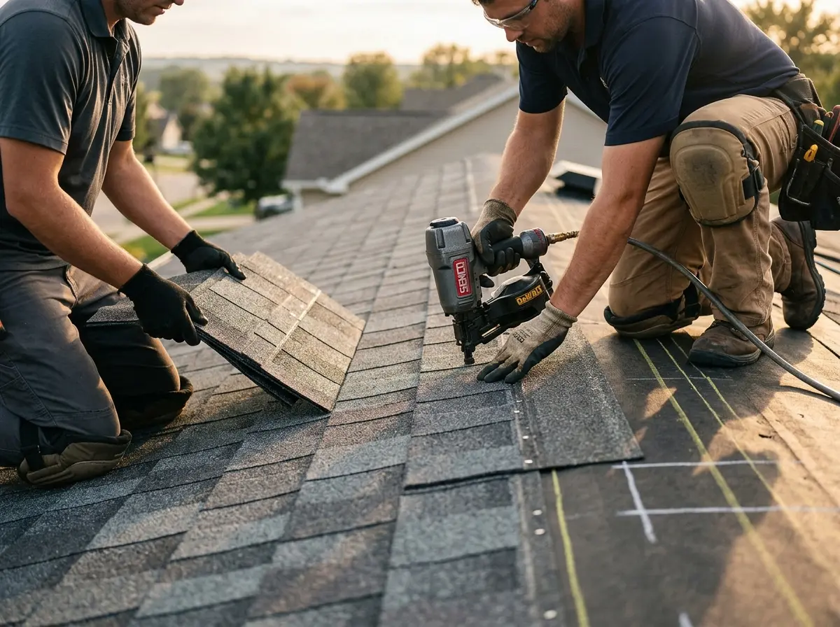 Professional roofer working on a residential roof in Savage
